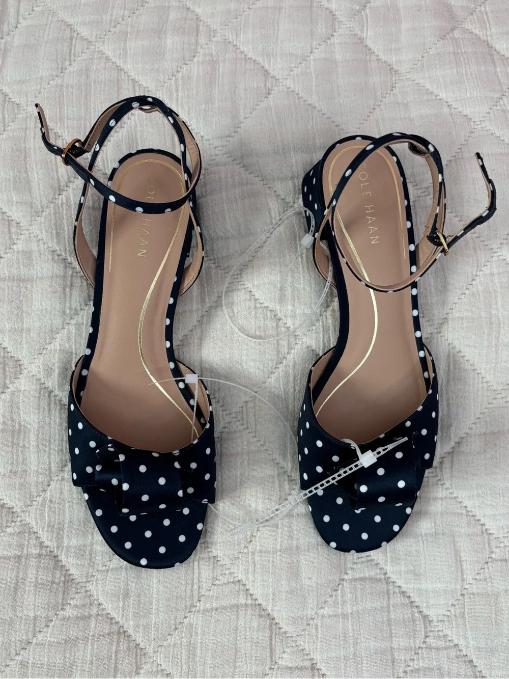 NWOT Cole Hann Fanya Florette Sandal Heels In Navy White Polka Dot Satin Sz 9 -